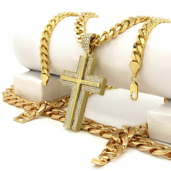 14k Gold Cross 30" Cuban Double Chain + Pendant - Picture 1 of 4